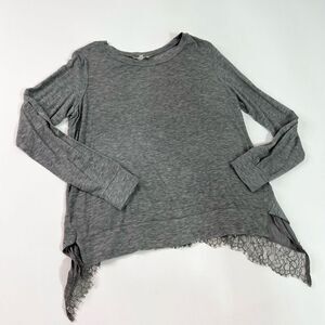 Maille Clu Long Sleeve Blouse Top Women's Large Gray Lace Ruffle Hem Pullover